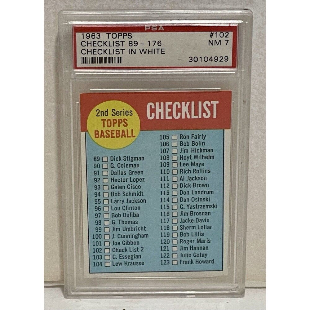 1963 Topps Baseball # 102 - 2nd Series Checklist - PSA 7 NM
